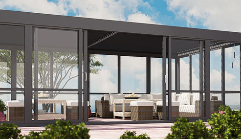 Cielos™ Panorámica 360° 4-Sided Glass Pergola with Louvered Roof – Black 13′×10′ ft (4 Sliding Doors) - Image 10