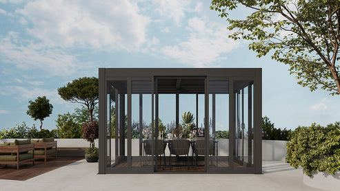 Cielos™ Panorámica 360° 4-Sided Glass Pergola with Louvered Roof – Black 13′×10′ ft (4 Sliding Doors) - Image 4