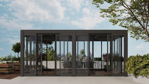 Cielos™ Panorámica 360° 4-Sided Glass Pergola with Louvered Roof – Black 20′×10′ ft (6 Sliding Doors) - Image 7
