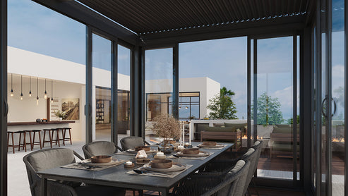 Cielos™ Panorámica 360° 4-Sided Glass Pergola with Louvered Roof – Black 13′×10′ ft (4 Sliding Doors) - Image 5
