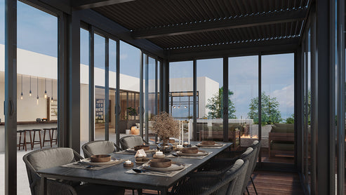 Cielos™ Panorámica 360° 4-Sided Glass Pergola with Louvered Roof – Black 20′×10′ ft (6 Sliding Doors) - Image 6