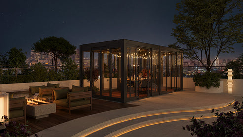 Cielos™ Panorámica 360° 4-Sided Glass Pergola with Louvered Roof – Black 20′×10′ ft (6 Sliding Doors) - Image 5