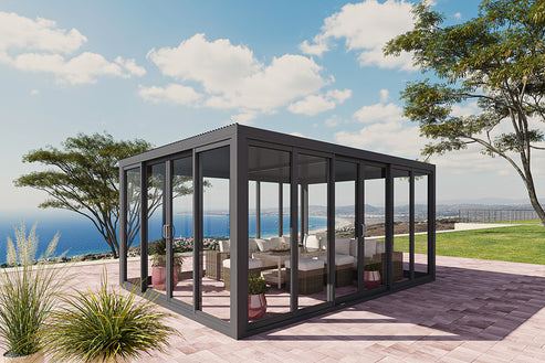 Cielos™ Panorámica 360° 4-Sided Glass Pergola with Louvered Roof – Black 13′×10′ ft (4 Sliding Doors) - Image 8