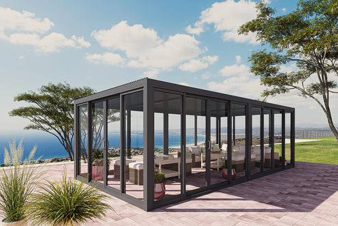 Cielos™ Panorámica 360° 4-Sided Glass Pergola with Louvered Roof – Black 20′×10′ ft (6 Sliding Doors) - Image 10
