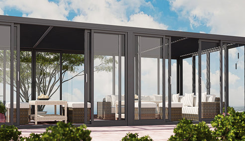 Cielos™ Panorámica 360° 4-Sided Glass Pergola with Louvered Roof – Black 20′×10′ ft (6 Sliding Doors) - Image 12