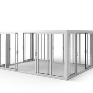 Cielos™ Panorámica 360° 4-Sided Glass Pergola with Louvered Roof – White 13′×10′ ft (4 Sliding Doors)