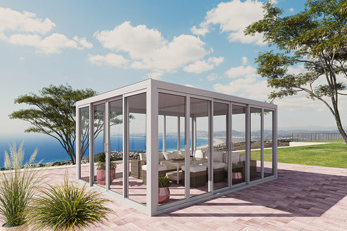 Cielos™ Panorámica 360° 4-Sided Glass Pergola with Louvered Roof – White 13′×10′ ft (4 Sliding Doors) - Image 5