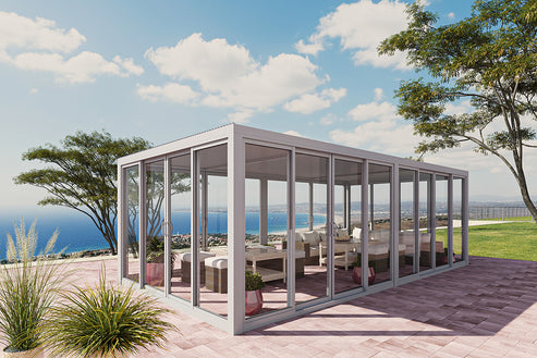 Cielos™ Panorámica 360° 4-Sided Glass Pergola with Louvered Roof – White 20′×10′ ft (6 Sliding Doors) - Image 10