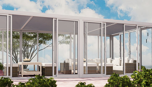 Cielos™ Panorámica 360° 4-Sided Glass Pergola with Louvered Roof – White 20′×10′ ft (6 Sliding Doors) - Image 12