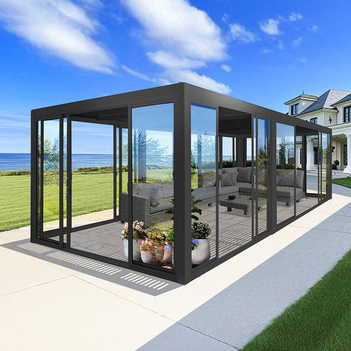 Cielos™ Panorámica 360° 4-Sided Glass Pergola with Louvered Roof – Black 20′×10′ ft (6 Sliding Doors) - Image 4