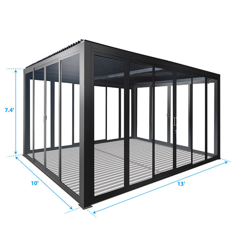 Cielos™ Panorámica 360° 4-Sided Glass Pergola with Louvered Roof – Black 13′×10′ ft (4 Sliding Doors) - Image 2