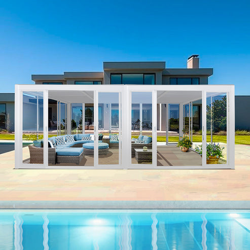Cielos™ Panorámica 360° 4-Sided Glass Pergola with Louvered Roof – White 20′×10′ ft (6 Sliding Doors) - Image 3