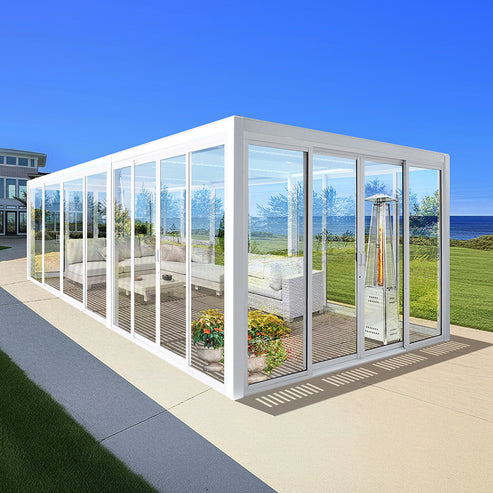 Cielos™ Panorámica 360° 4-Sided Glass Pergola with Louvered Roof – White 20′×10′ ft (6 Sliding Doors) - Image 4