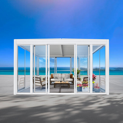 Cielos™ Panorámica 360° 4-Sided Glass Pergola with Louvered Roof – White 13′×10′ ft (4 Sliding Doors) - Image 9