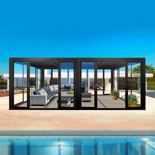 Cielos™ Panorámica 360° 4-Sided Glass Pergola with Louvered Roof – Black 20′×10′ ft (6 Sliding Doors) - Image 3