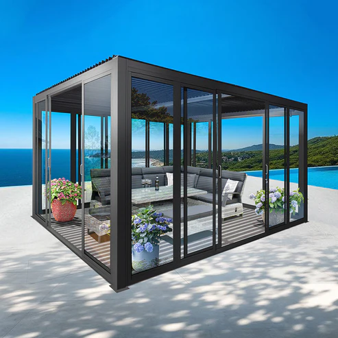 Cielos™ Panorámica 360° 4-Sided Glass Pergola with Louvered Roof – Black 13′×10′ ft (4 Sliding Doors) - Image 3