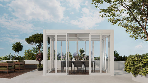 Cielos™ Panorámica 360° 4-Sided Glass Pergola with Louvered Roof – White 13′×10′ ft (4 Sliding Doors) - Image 10