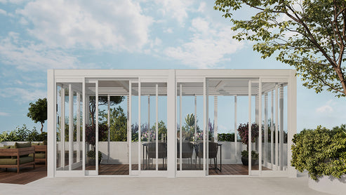 Cielos™ Panorámica 360° 4-Sided Glass Pergola with Louvered Roof – White 20′×10′ ft (6 Sliding Doors) - Image 6