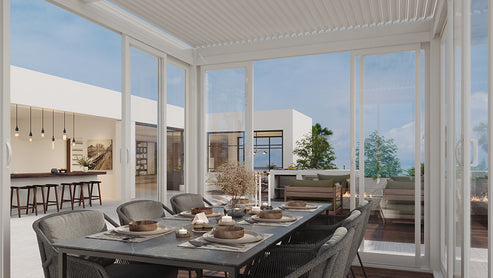 Cielos™ Panorámica 360° 4-Sided Glass Pergola with Louvered Roof – White 13′×10′ ft (4 Sliding Doors) - Image 8